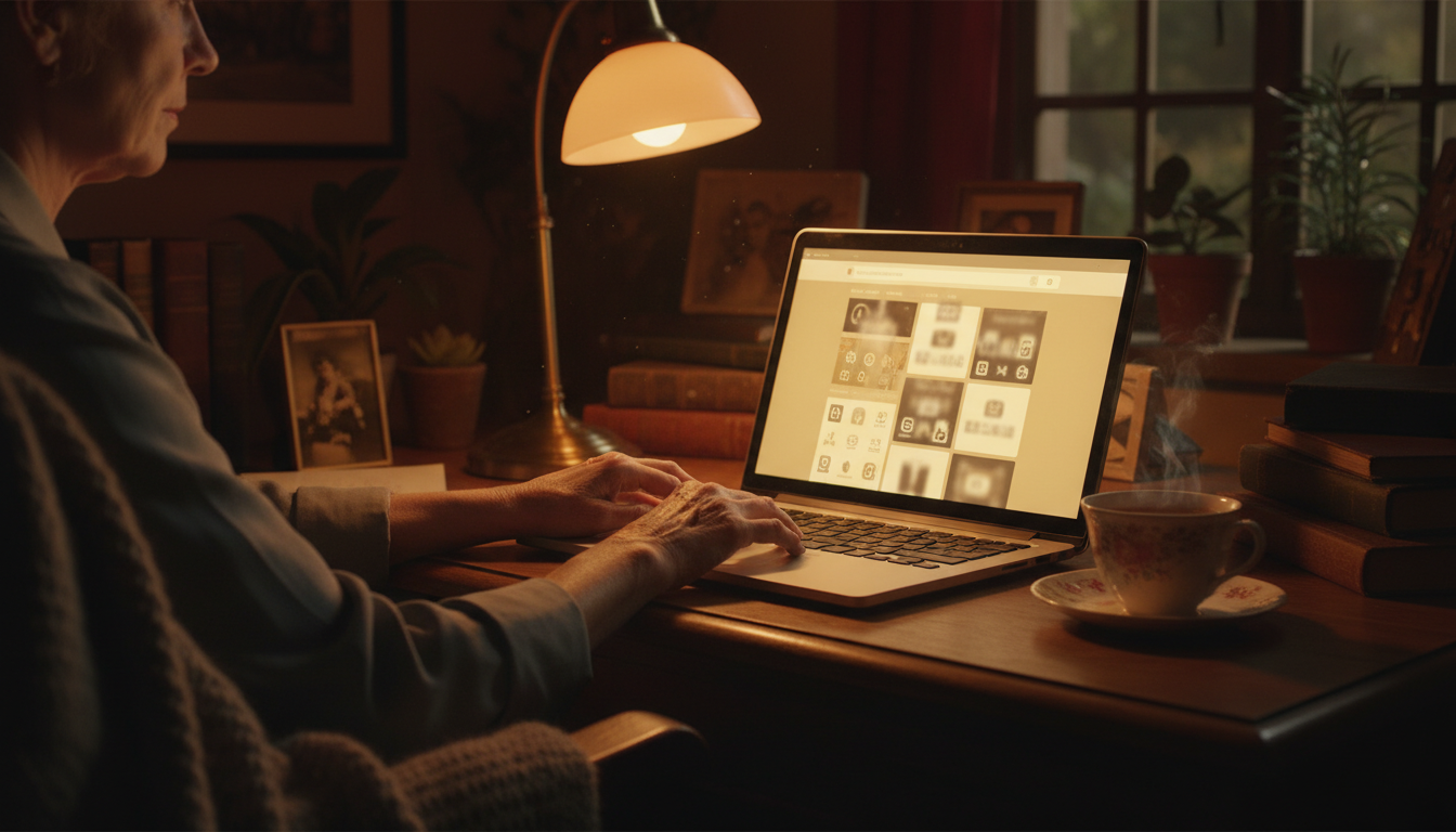 Mains d'une femme âgée sur un ordinateur portable site de rencontres