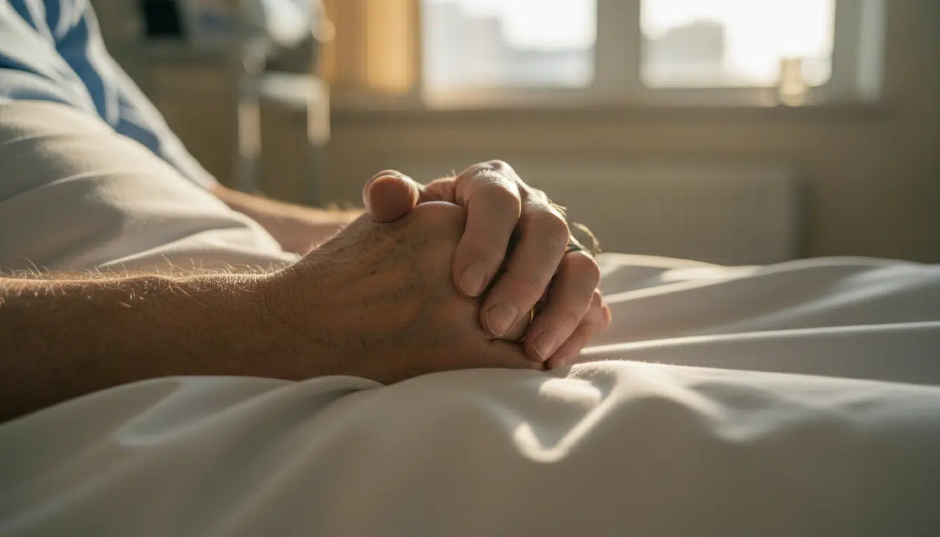 Mains d'un patient reposant sur des draps blancs