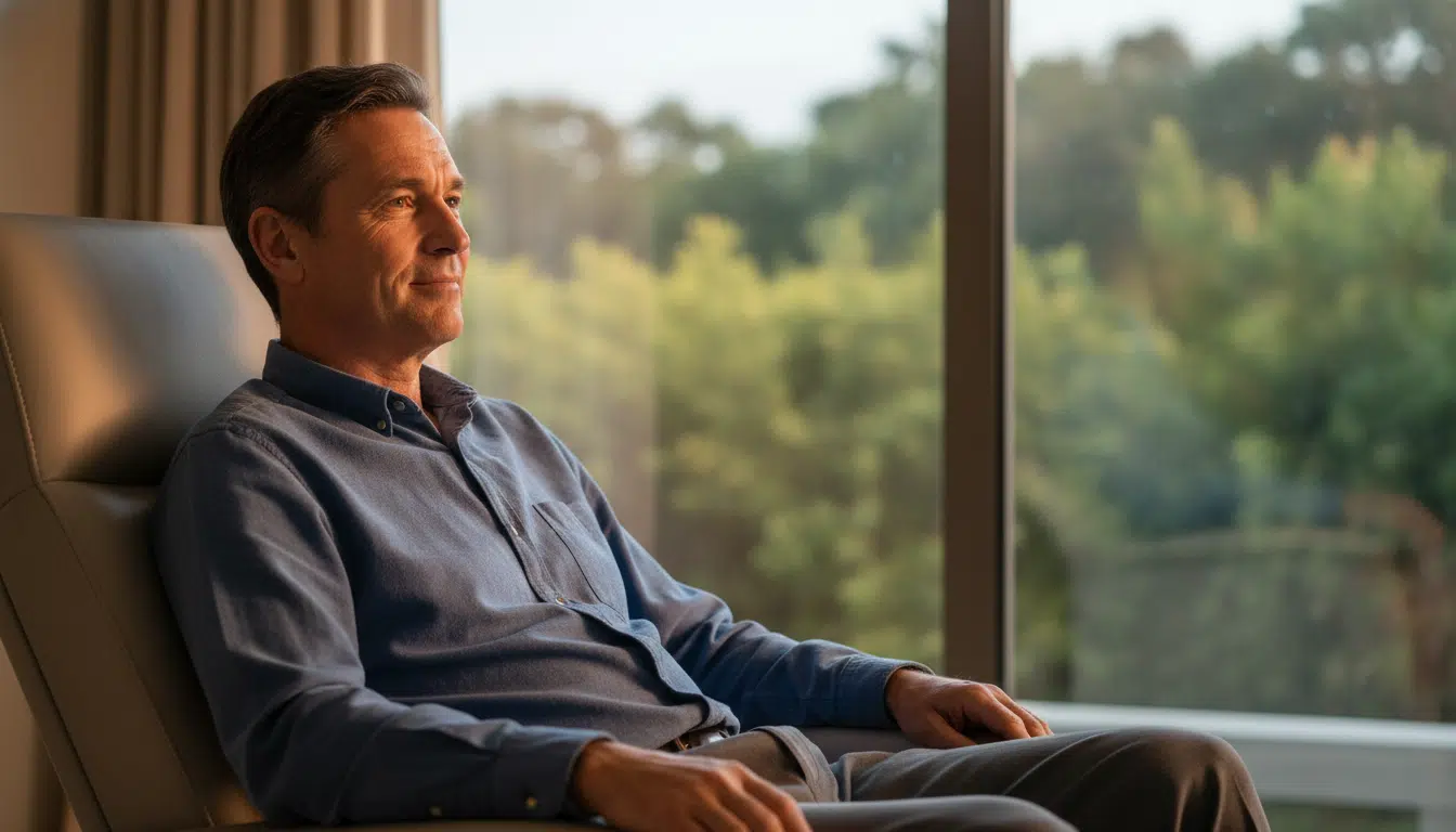 Homme fatigué assis près d'une fenêtre d'hôpital