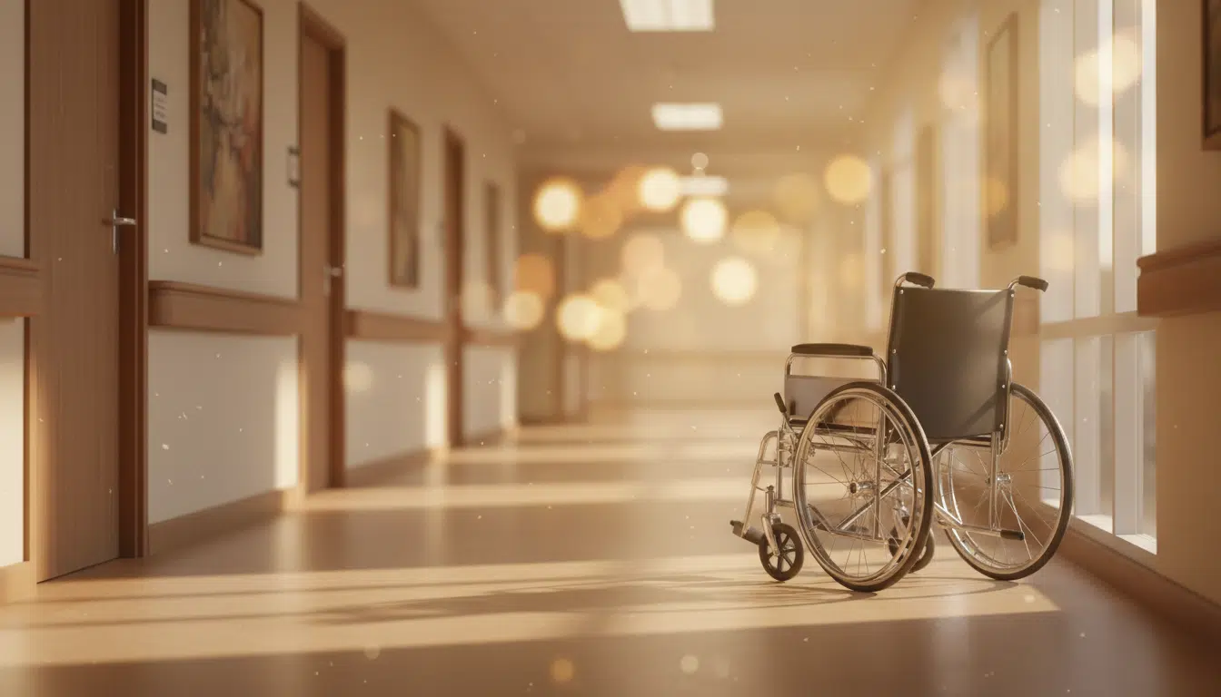 Couloir d'hôpital avec lumière dorée et fauteuil roulant