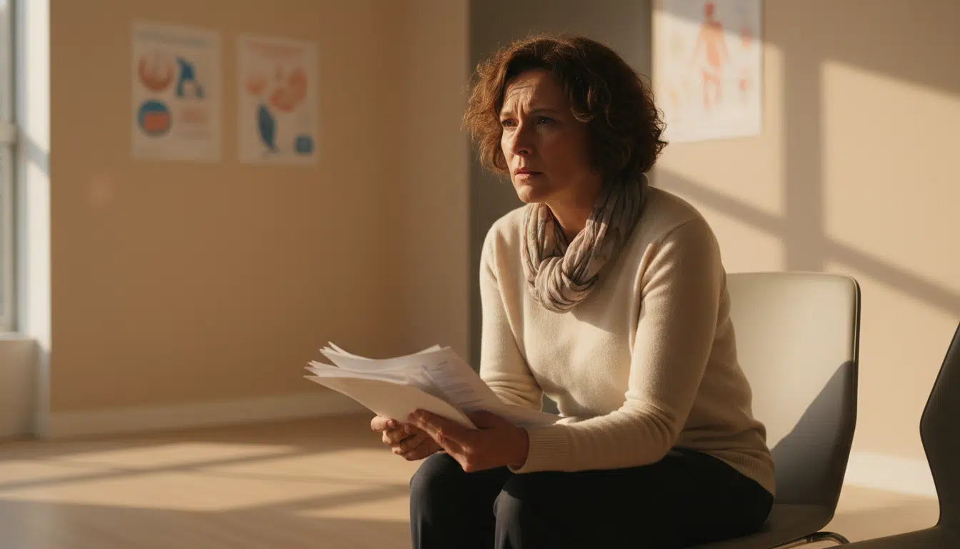 Salarié inquiet dans une salle d'attente médicale