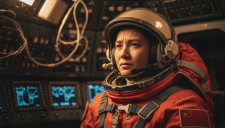 Astronaute en combinaison orange dans la capsule Orion