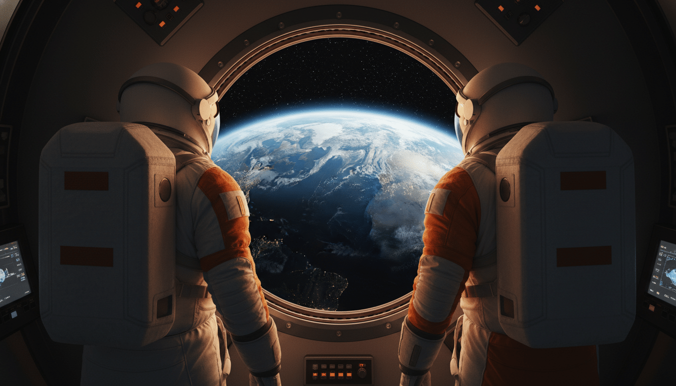 Astronautes observant la Terre depuis le vaisseau spatial