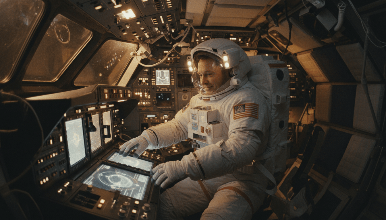 Astronaute vérifiant les instruments de bord en apesanteur