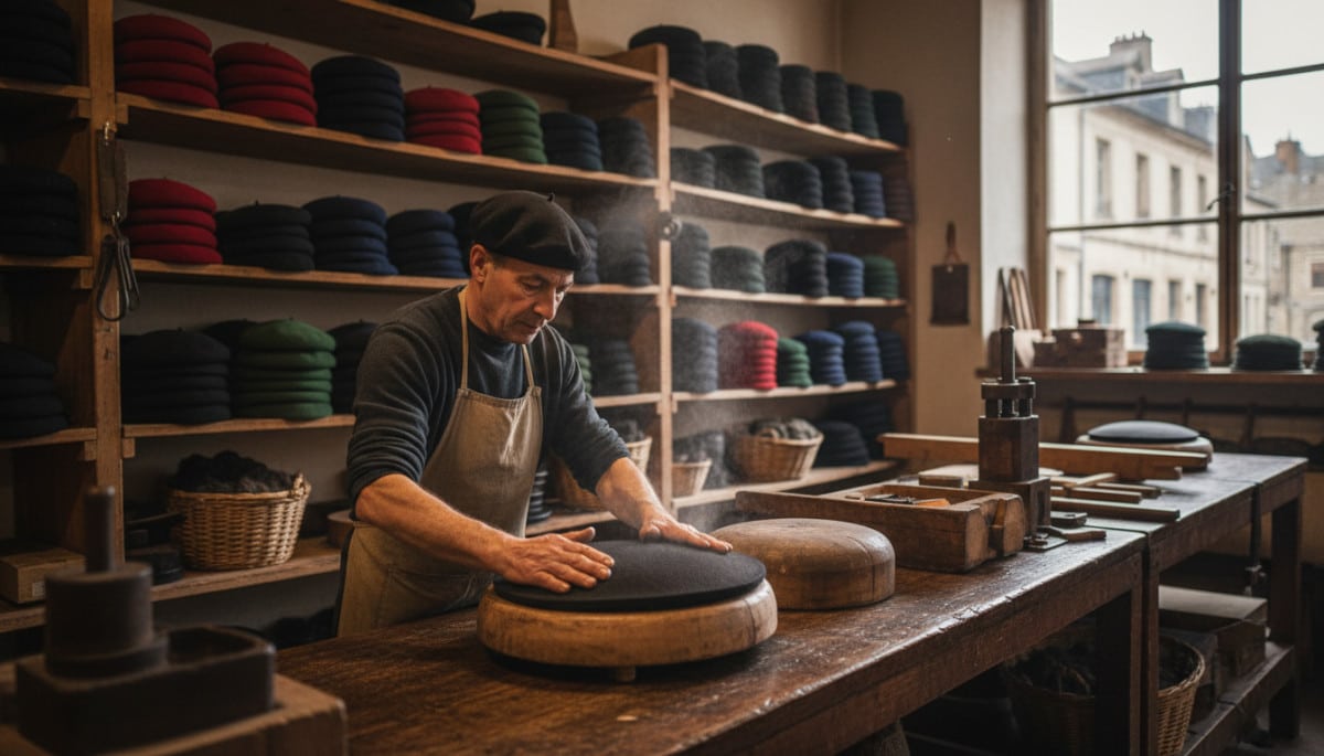 Artisan fabriquant un béret basque en atelier