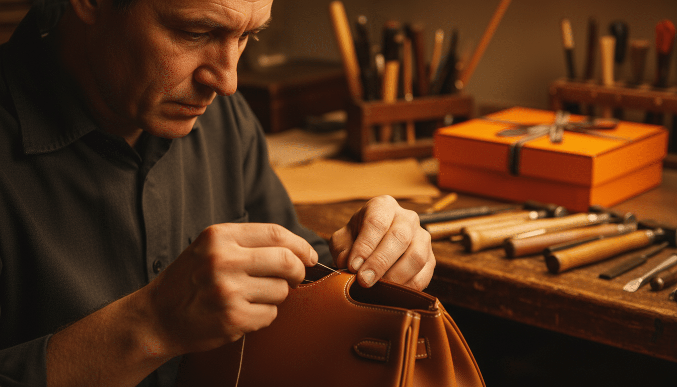 Artisan maroquinier cousant un sac de luxe à la main