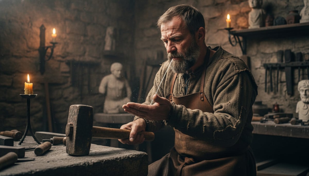 Artisan médiéval crachant dans ses mains avant le travail