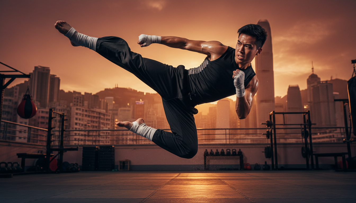 Artiste martial asiatique en plein saut acrobatique au coucher du soleil