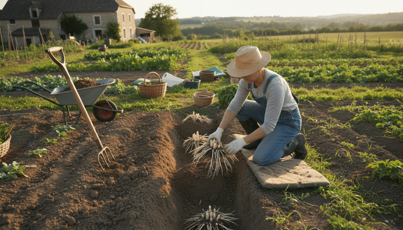 Plantation de griffes d'asperges en tranchée au potager