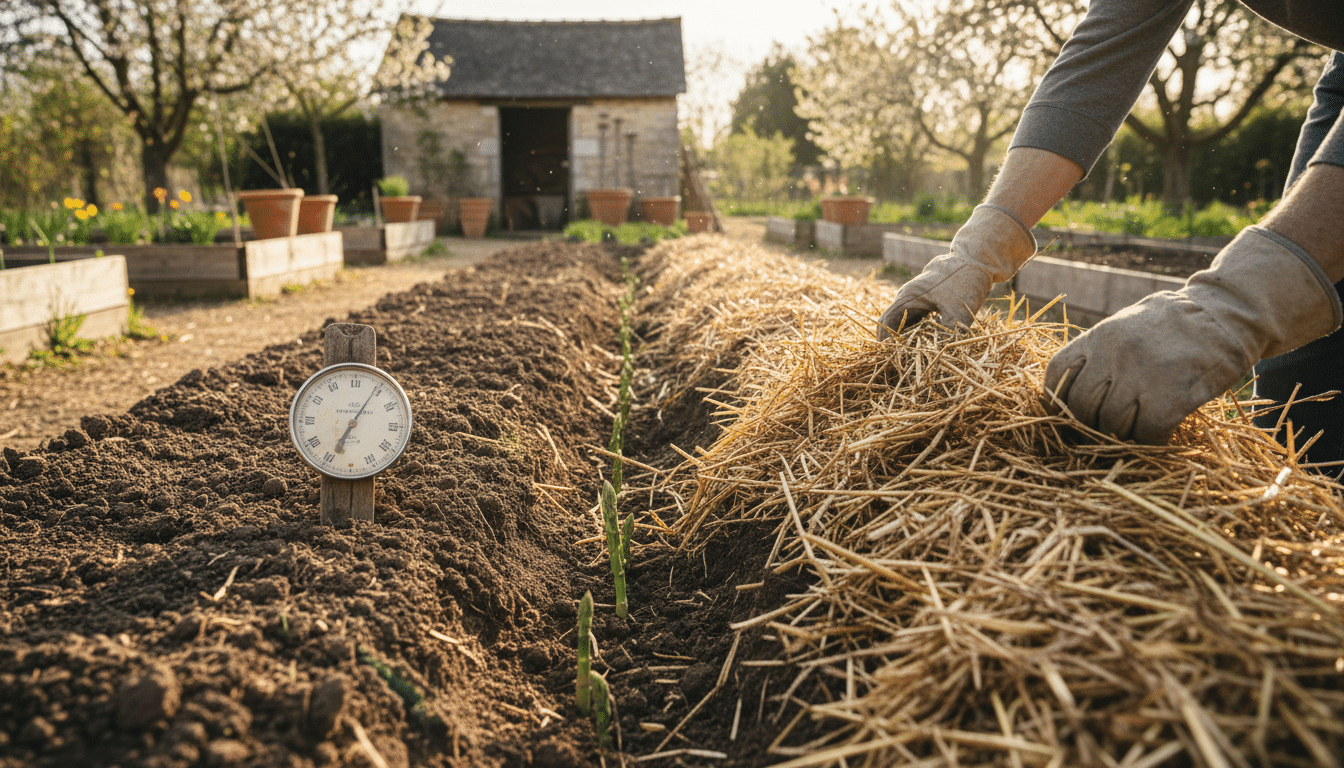 Paillage protecteur sur jeunes plants d'asperges au printemps