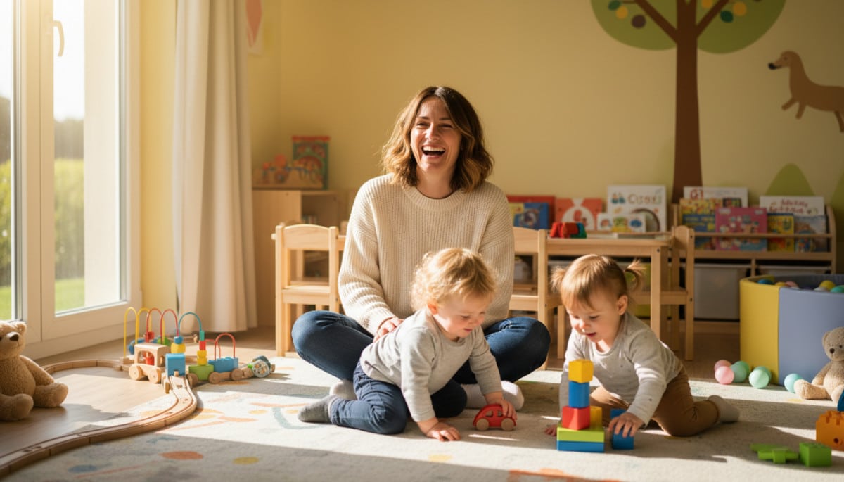 Assistante maternelle jouant avec des enfants