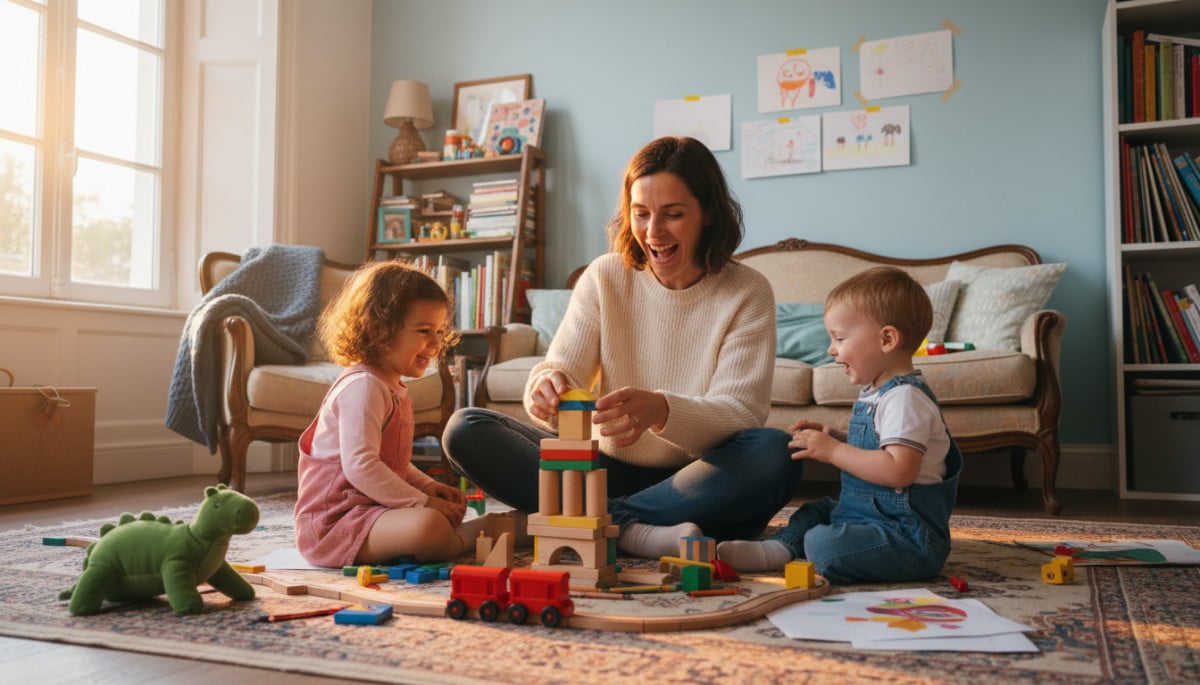 Assistante maternelle joue avec des enfants en bas âge