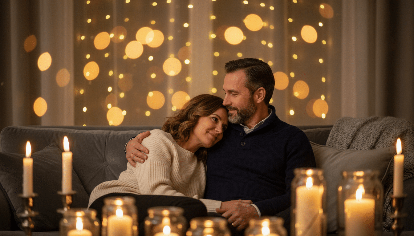 Couple complice dans une ambiance chaleureuse et mystique