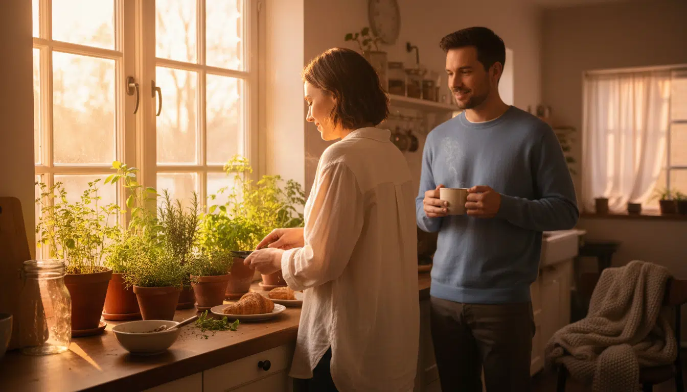 Couple partageant un moment tendre dans une cuisine ensoleillée