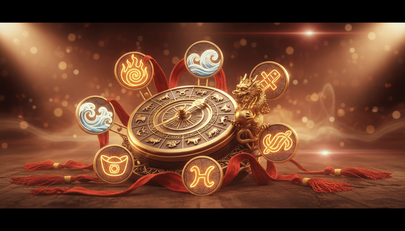 Astrologue chinois présentant la carte céleste des 12 signes du zodiaque dans un ciel étoilé