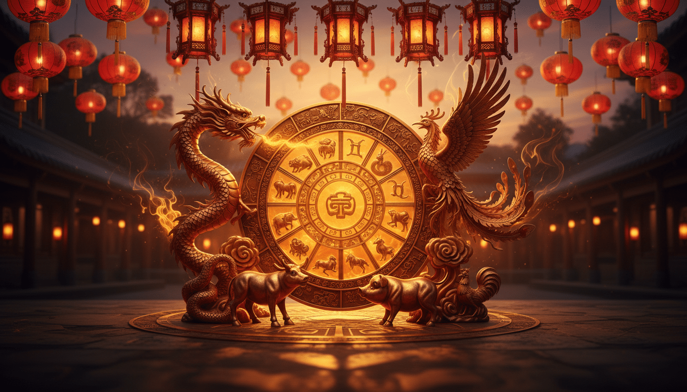 Astrologue chinoise tenant une sphère de Métal dorée sous une lumière mystique dorée