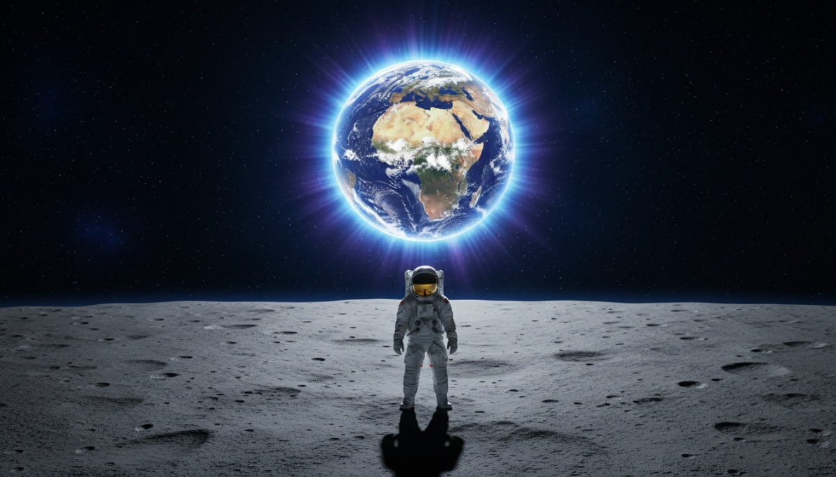 Astronaute Apollo 16 observant la Terre depuis la Lune