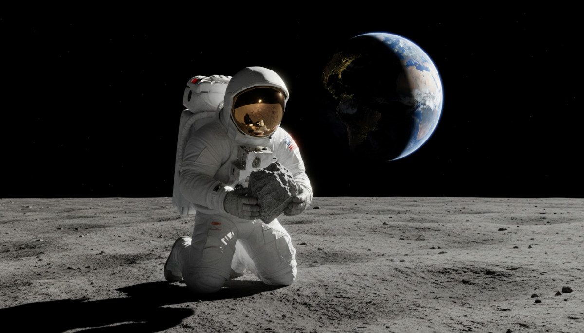 Astronaute Apollo 16 tenant une roche lunaire sur la surface de la Lune