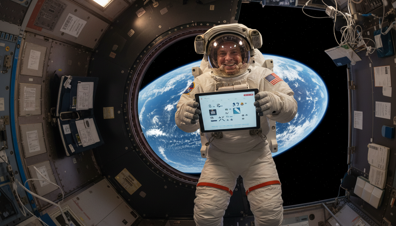 Astronaute souriant flottant dans la Station spatiale internationale