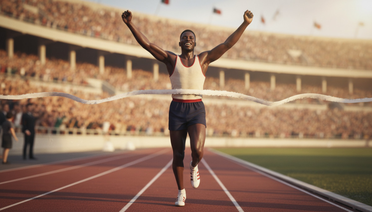 Athlète années 1950 avec chaussures à trois bandes