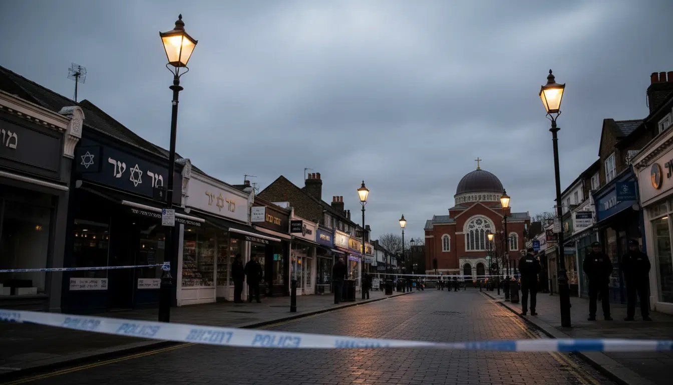 Rue du quartier de Golders Green à Londres avec cordon de police