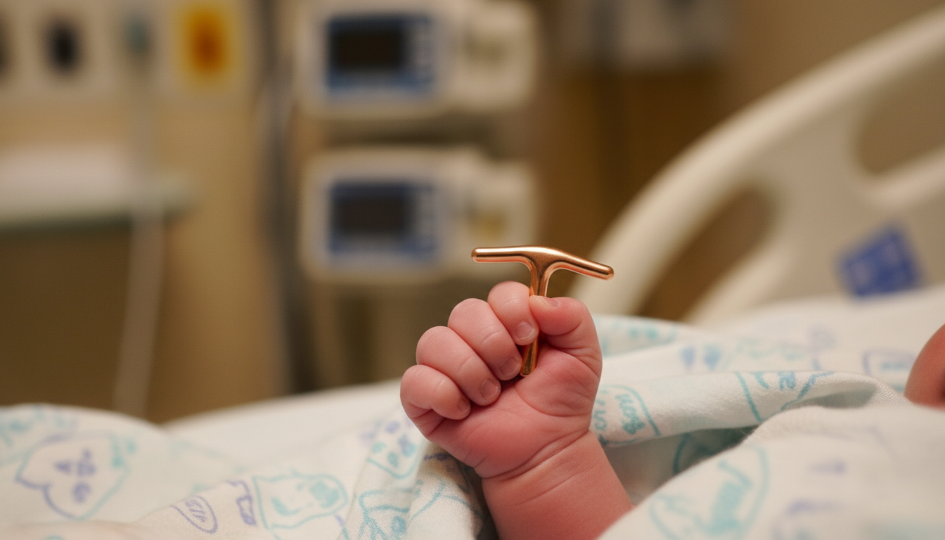 Main de nouveau-né tenant un stérilet en cuivre