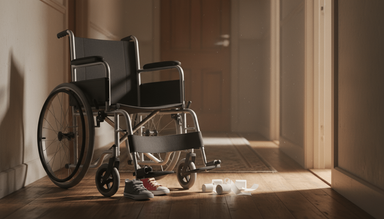 Fauteuil roulant vide dans un couloir avec des bandages