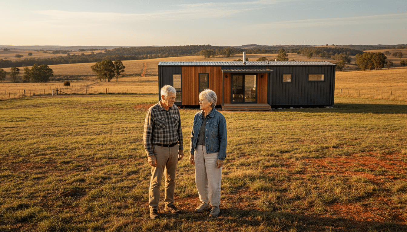 Couple de retraités australiens devant leur maison préfabriquée