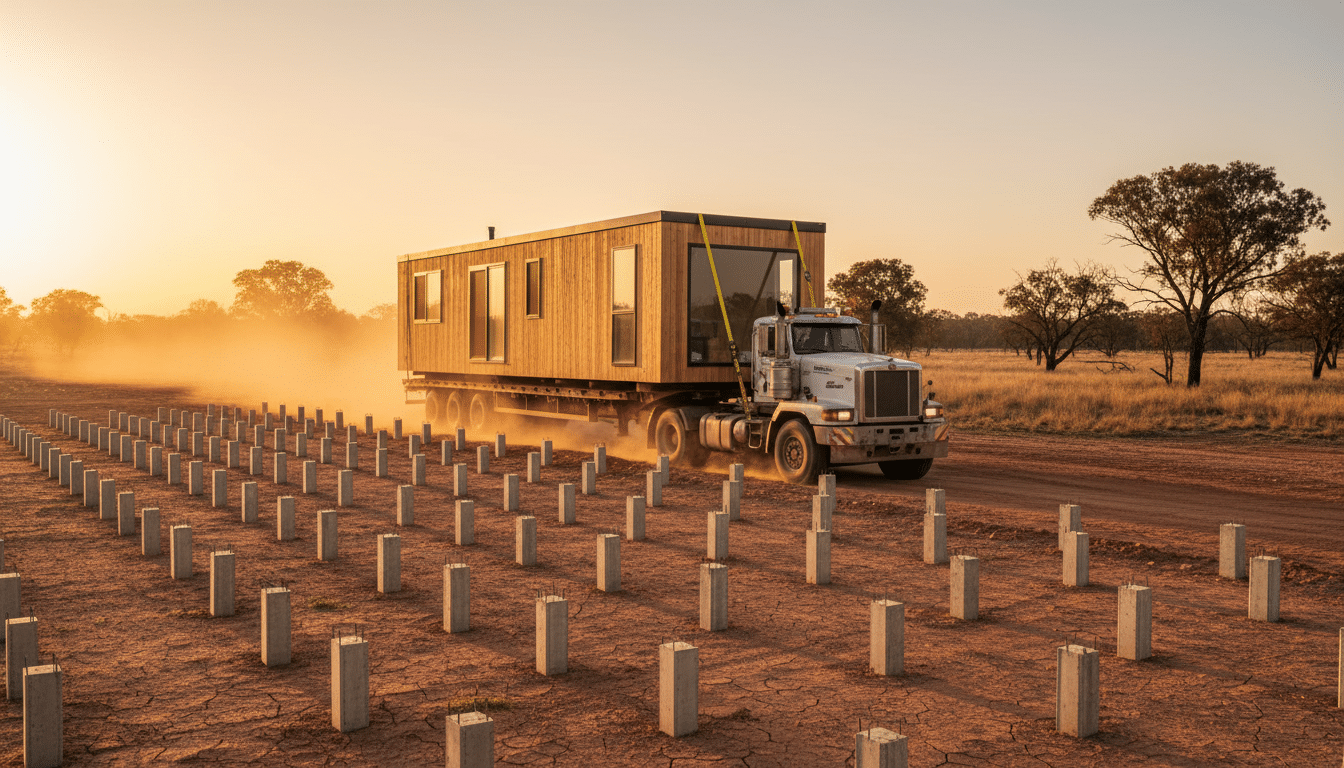 Maison préfabriquée déplacée par camion sur un terrain rural