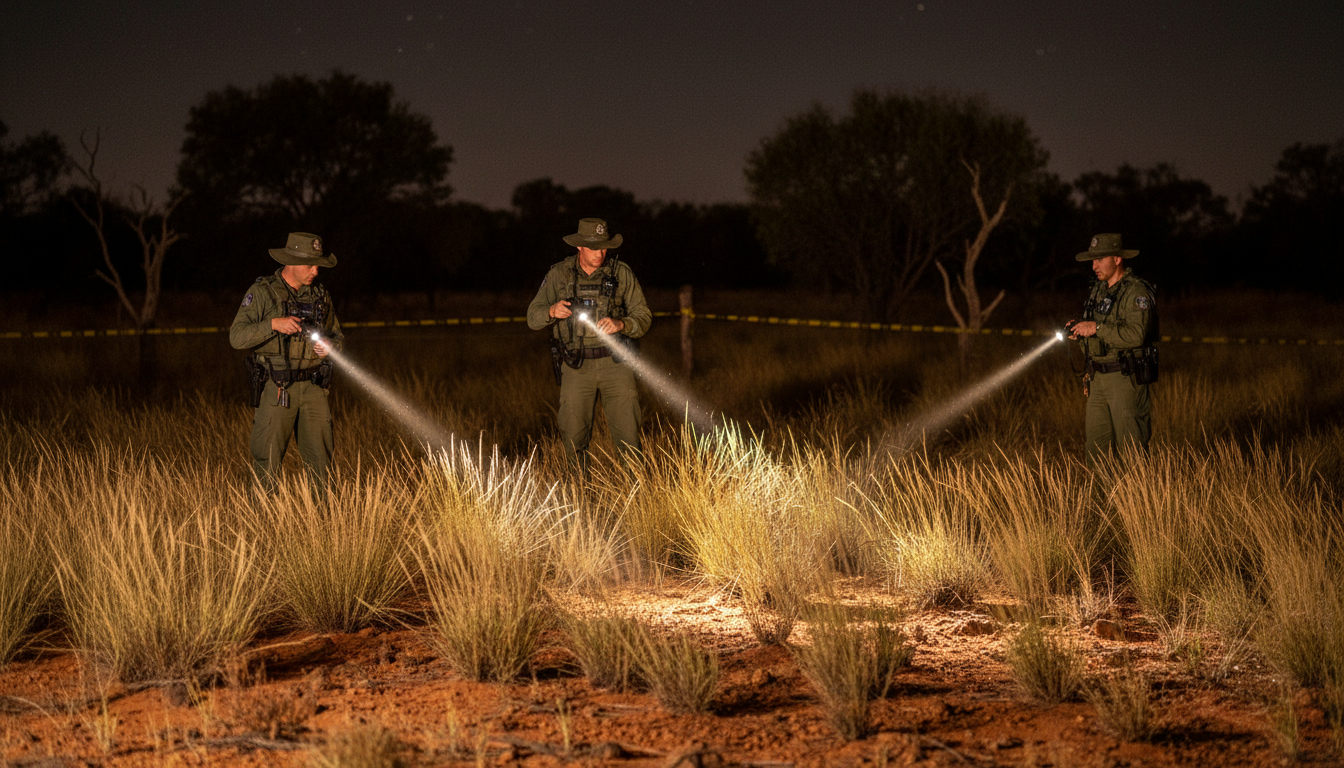 Policiers australiens fouillant le bush de nuit