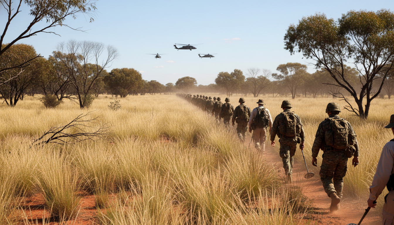 Recherches dans le désert australien avec soldats et volontaires