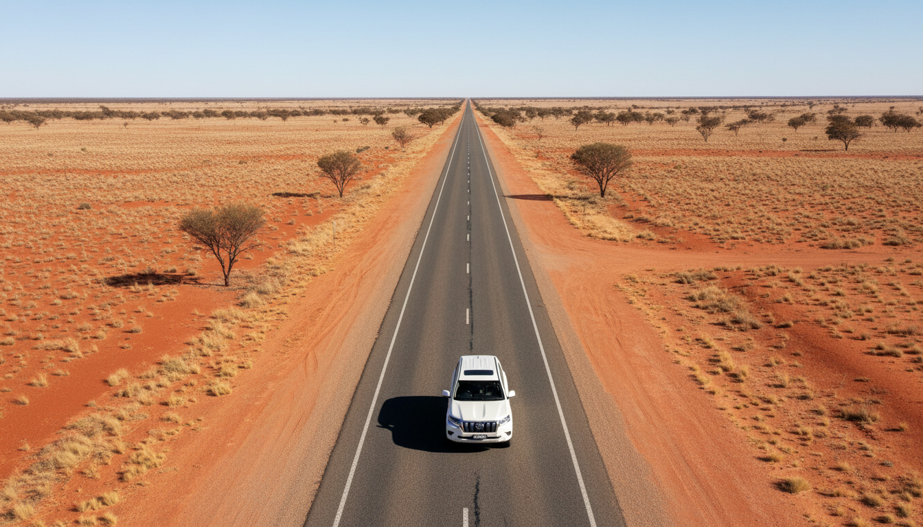 Véhicule garé sur une route déserte du Territoire du Nord