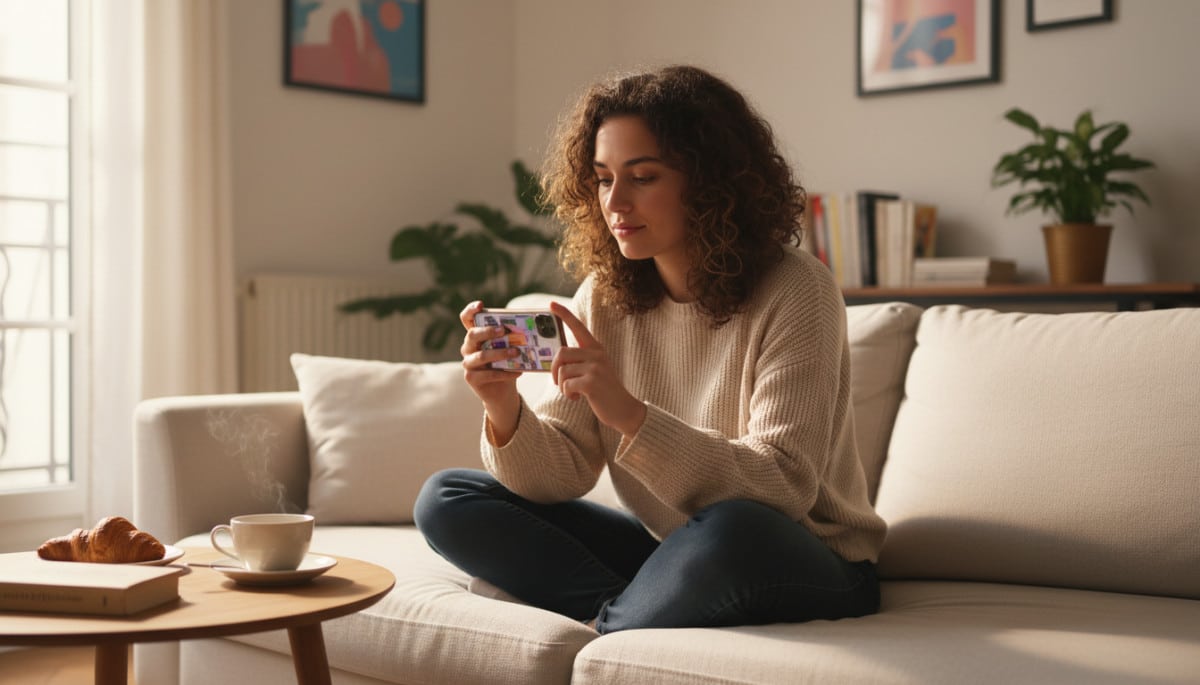 Auto-entrepreneuse faisant du shopping seconde main sur smartphone