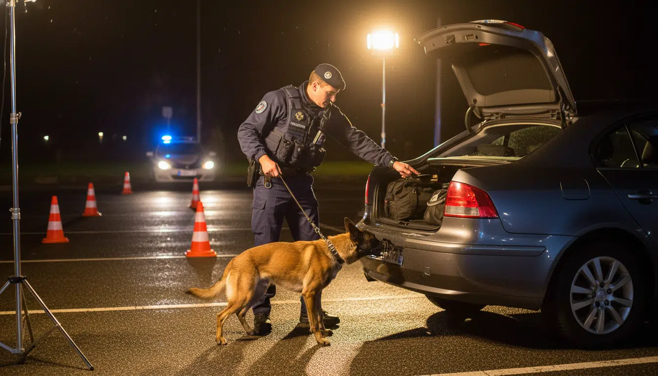 Chien renifleur des gendarmes inspectant un véhicule