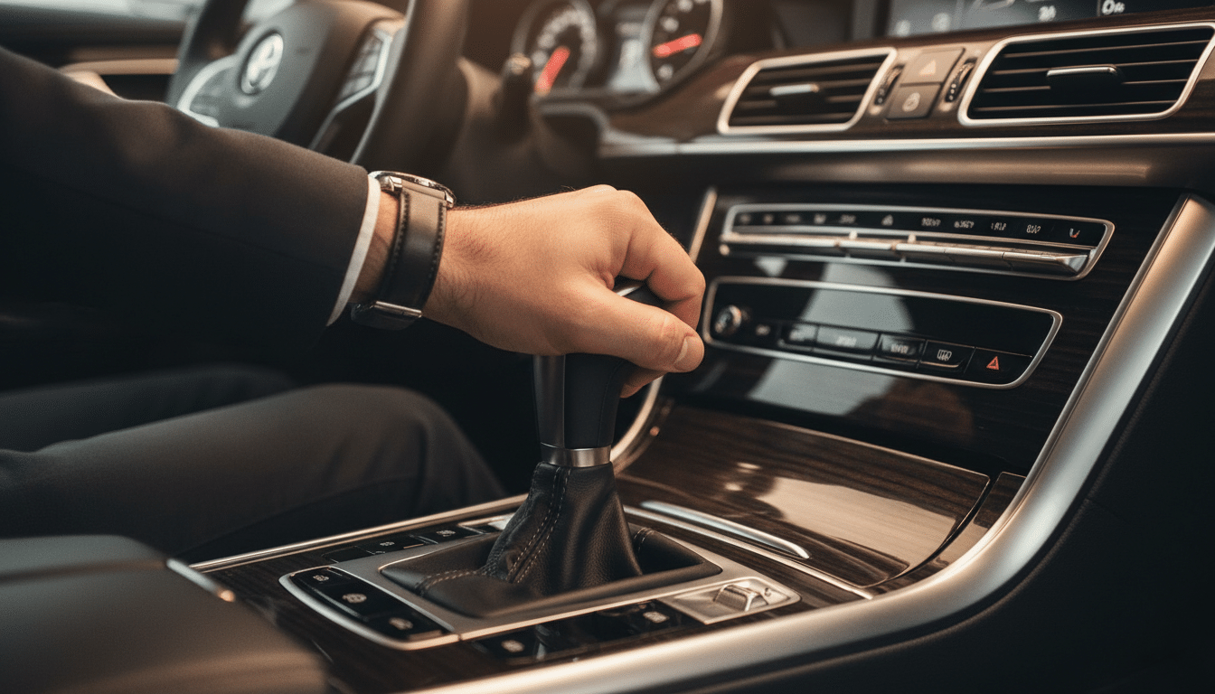 Main sur le levier de vitesse dans un habitacle de voiture