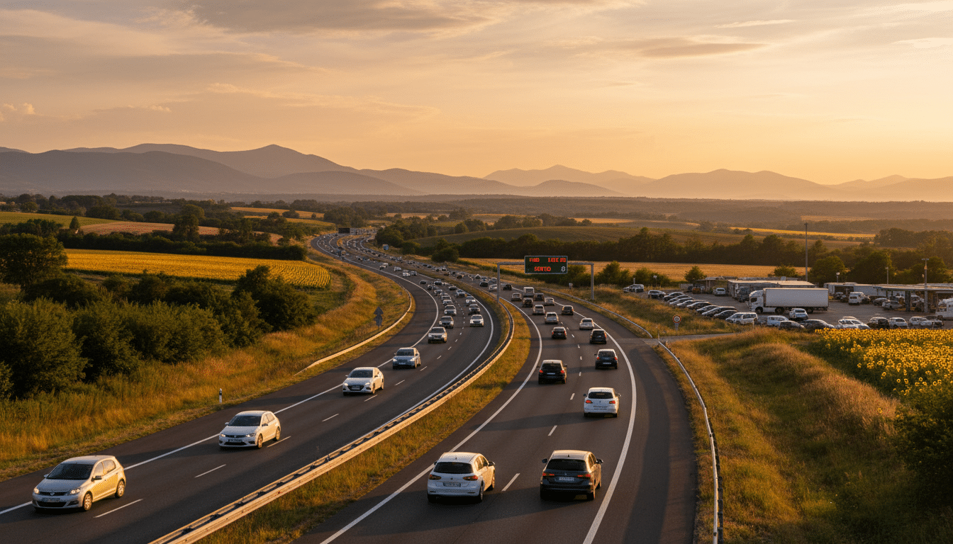 Autoroute française avec trafic modéré au coucher du soleil