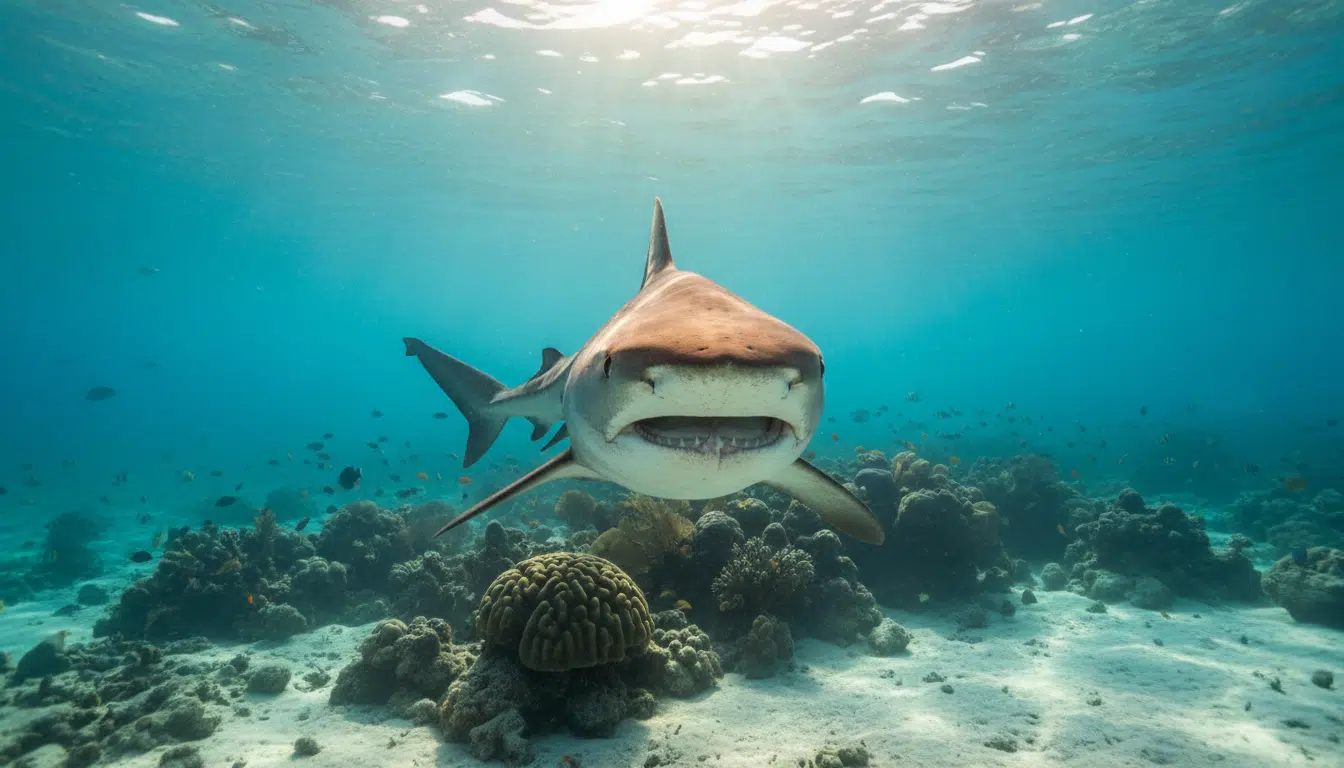Requin-tigre nageant dans les eaux turquoise des Bahamas