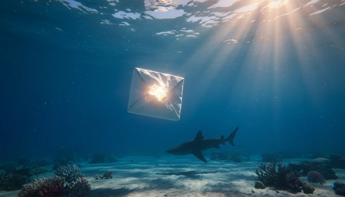 Paquet suspect flottant dans l'océan avec silhouette de requin
