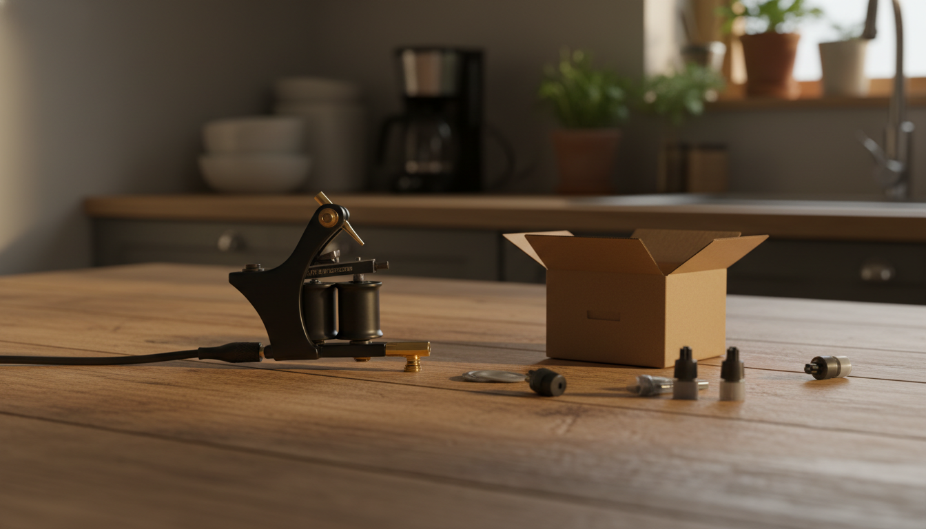 Machine à tatouer posée sur une table avec un colis