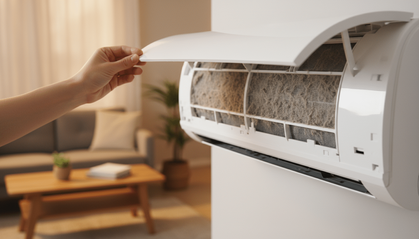 Filtre encrassé d'un climatiseur mural ouvert