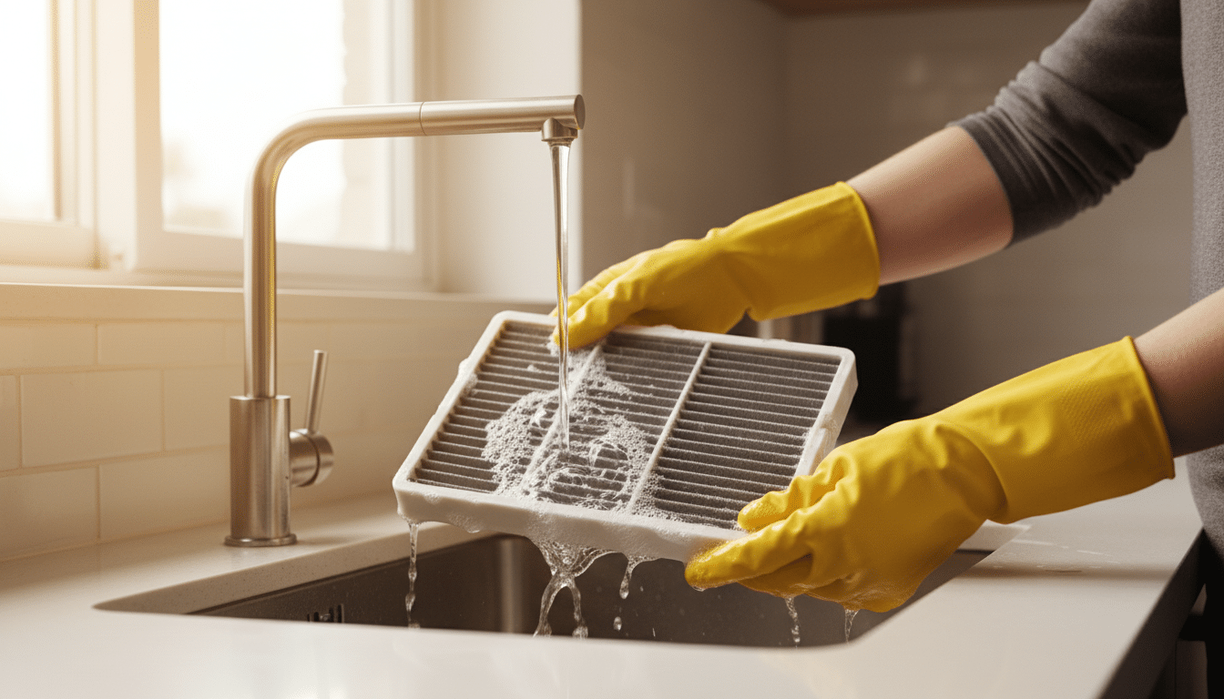 Nettoyage d'un filtre de climatiseur sous l'eau