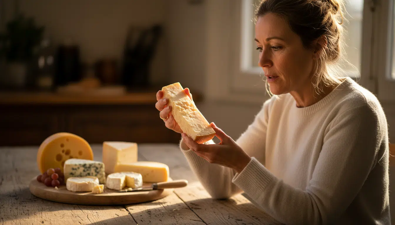 Femme examinant un morceau de Parmesan dans sa cuisine