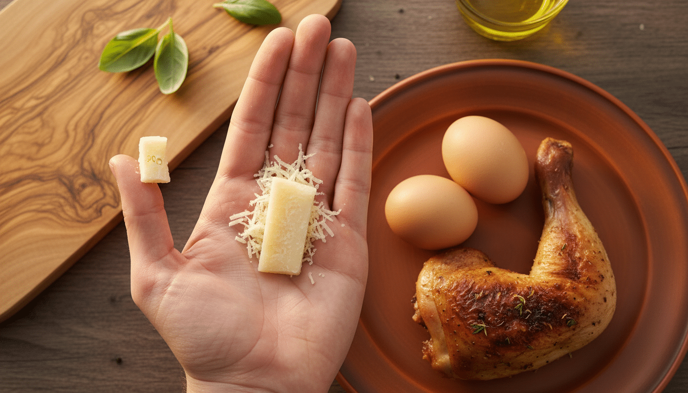 Portion de Parmesan comparée à deux doigts sur une assiette