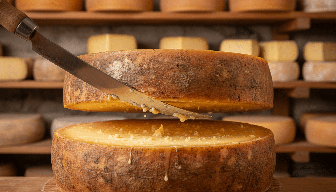 Fromage au lait cru coupé dans une fromagerie artisanale