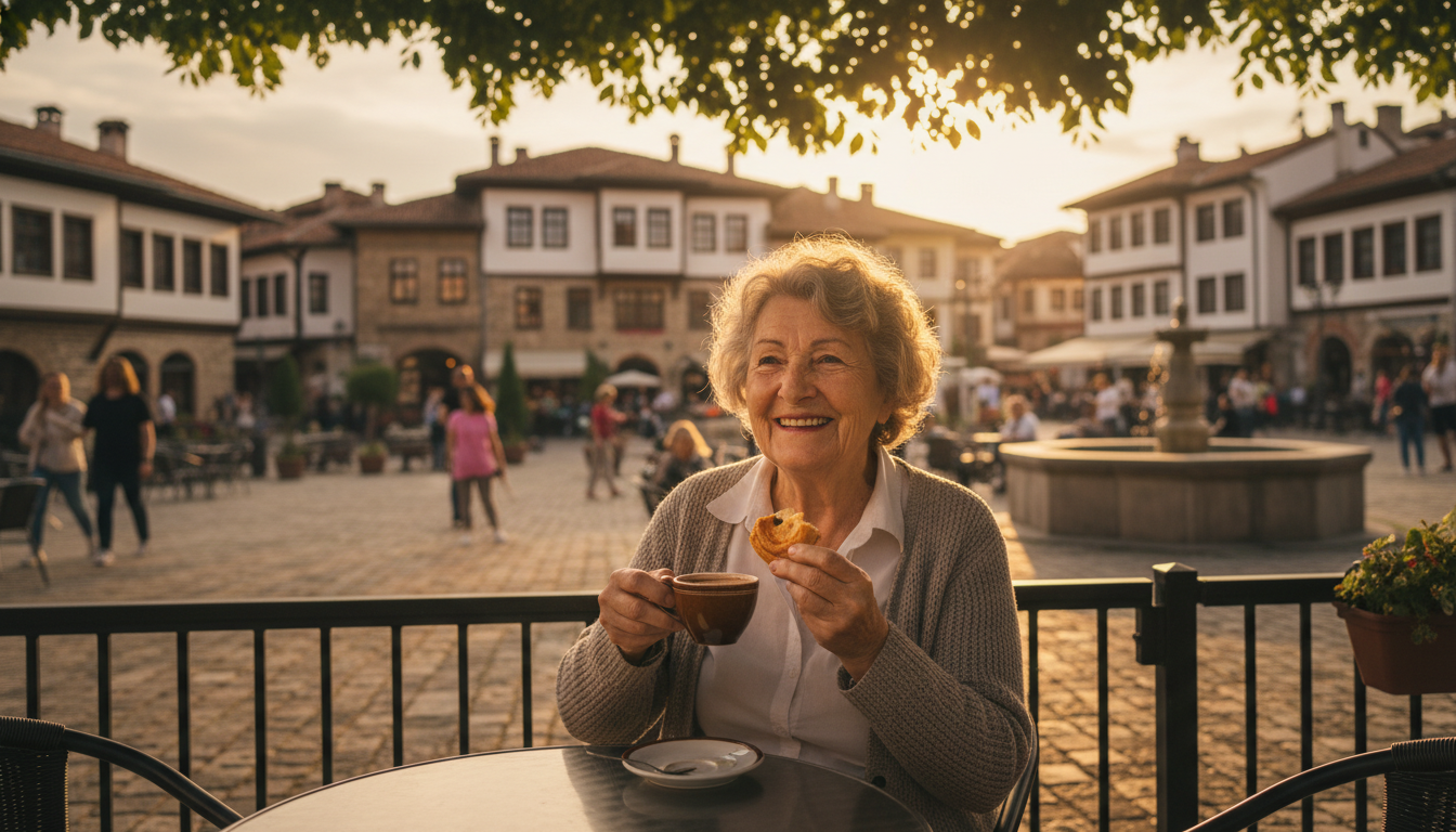 Retraité profitant d'un café en terrasse en Bulgarie