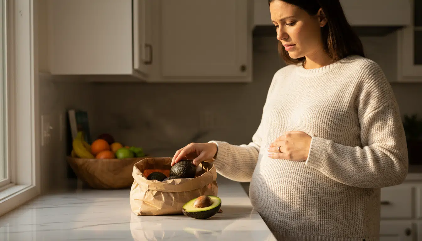 Femme enceinte examinant des avocats bio en cuisine
