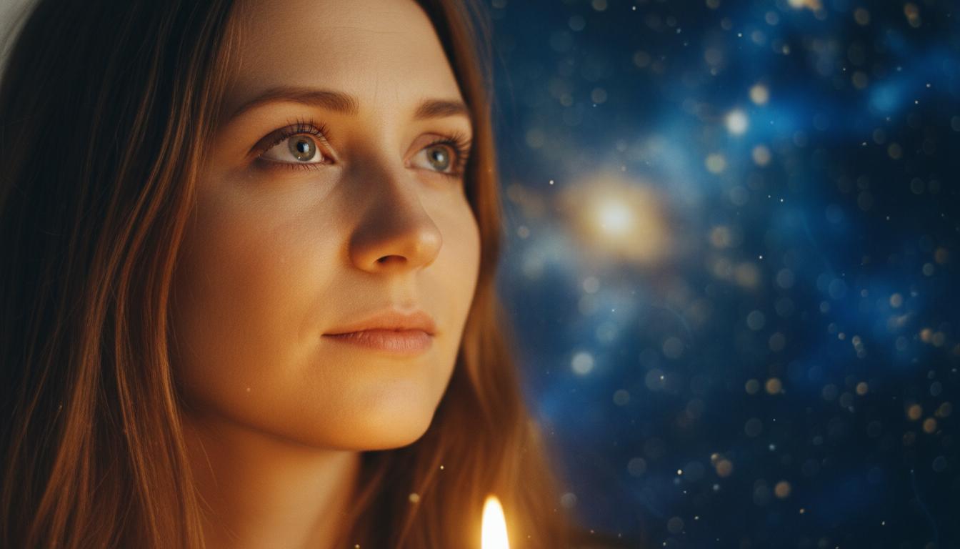 Femme contemplative sous un ciel étoilé doré