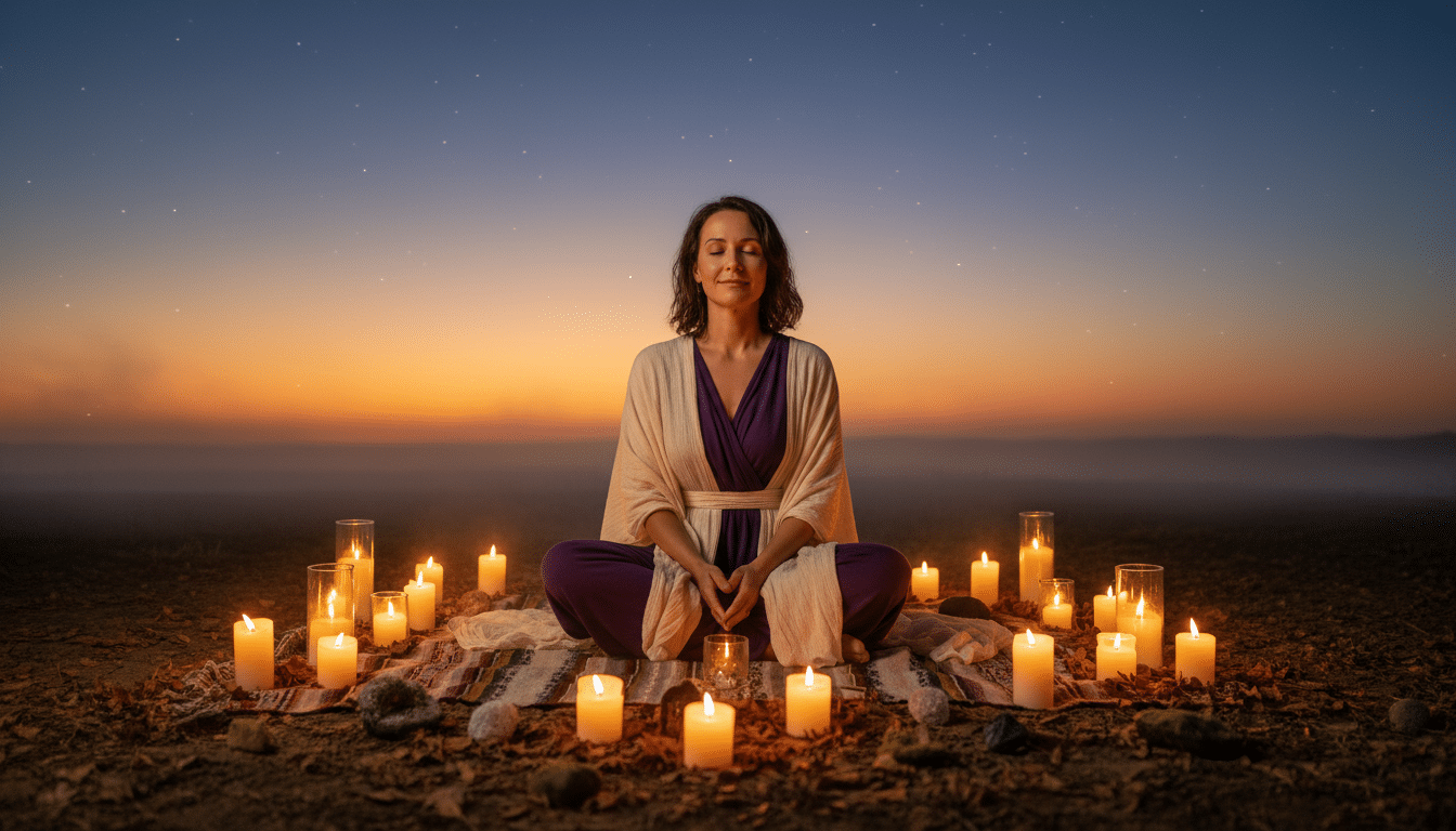 Femme méditant dans une ambiance mystique dorée