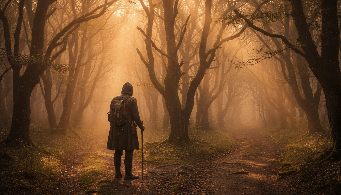 Personne à la croisée de deux chemins en forêt