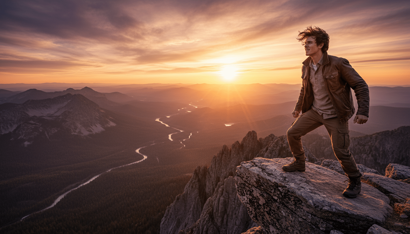 Homme déterminé au bord d'une falaise au coucher du soleil